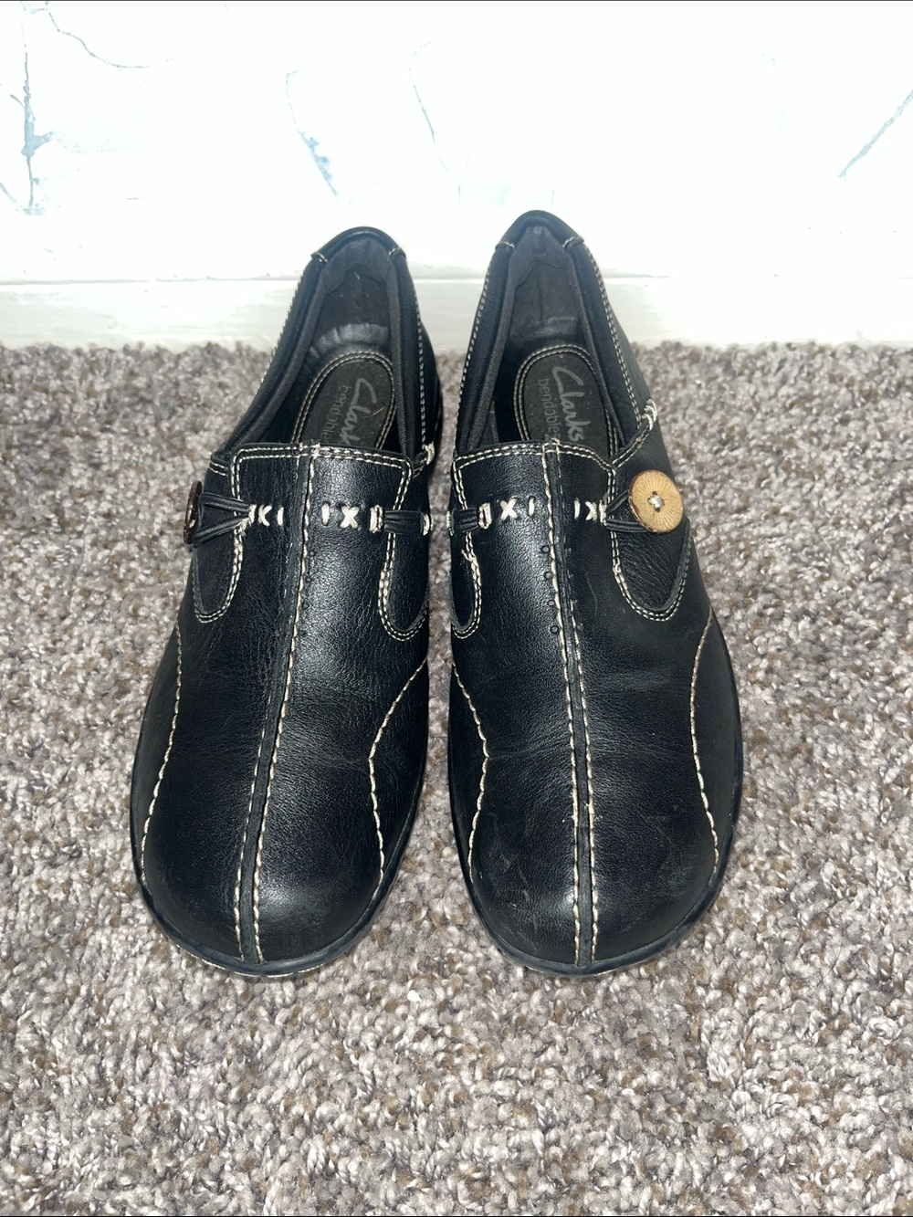 Clarks Black Leather Slip-On Loafers with Contrast Stitching